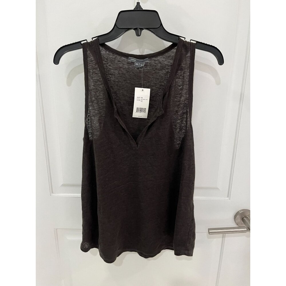 NWT Vince Brown 100% Linen Sleeveless Tank Top Blouse Open V Neck Sz XS